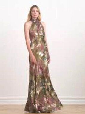 ✨Designer Bellambra Silk Blend Floral Halter Maxi Dress Green Italy L $299 NEW!